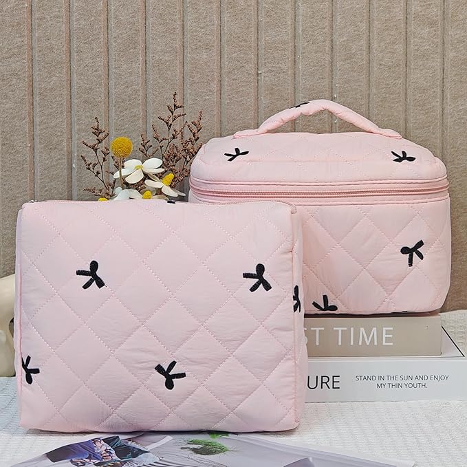 3Pcs Quilted Makeup Bag, Cute Floral Cotton Cosmetic Bag set, Coquette Bow Makeup Pouch Large Travel Toiletry Bag