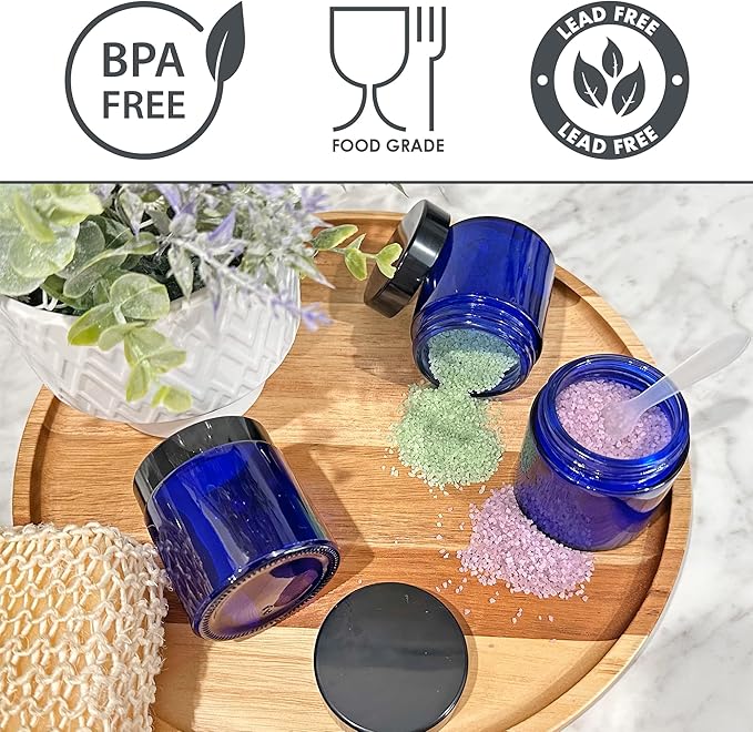 4-Ounce Cobalt Blue Glass Straight Sided Cosmetic Jars (12-Pack); 120 ml. Capacity, BPA-Free Lids