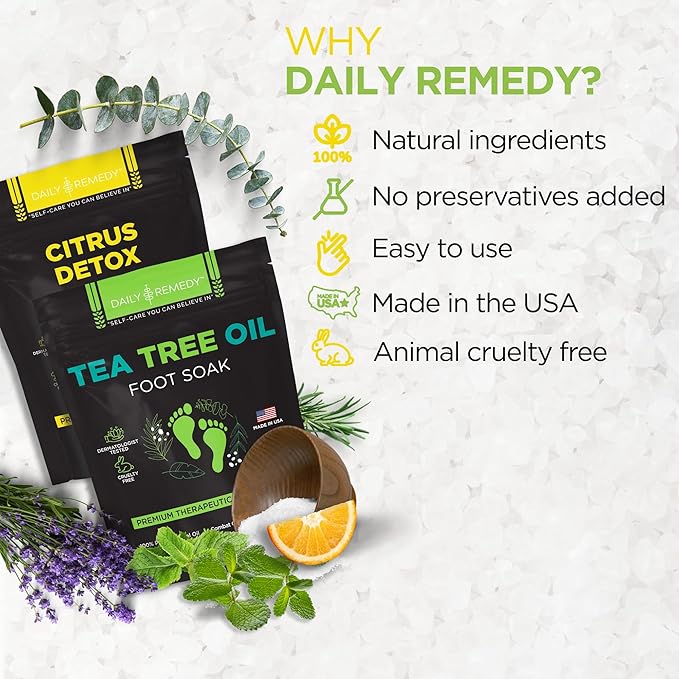 DAILY REMEDY Tea Tree Oil & Citrus Foot Soak Set, Pack of 2, for Foot Pain, Odor, Sore Feet, Athlete’s Foot, Soften Calluses - Natural Blend & Salts, Made In USA