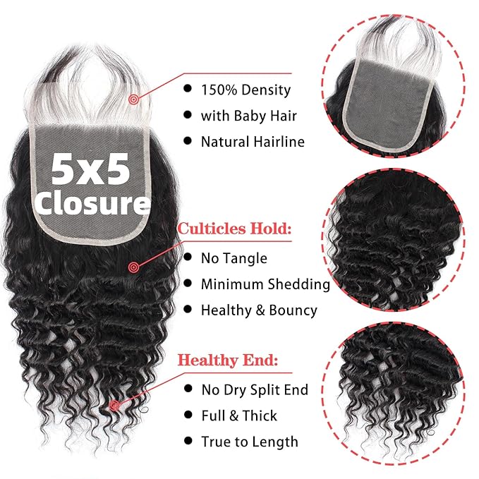 12A Human Hair 3 Bundles with 5x5 HD Lace Closure (16 18 20 +16) 100% Unprocessed Brazilian Virgin Remy Hair Deep Wave Human Hair Bundles with Closure Natural Color