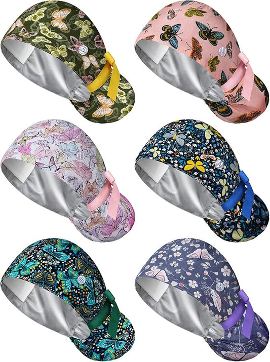 6 Pcs Satin Lined Scrub Caps Women Nurse Surgical Hat with Buttons Ponytail Working Adjustable Pouch Tie Back