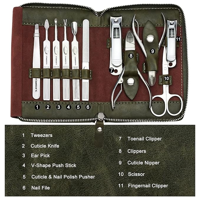FAMILIFE Manicure Set, Nail Kit 11 in 1 pedicure kit Stainless Steel Mens Manicure Kit Leather Pedicure Tools and 100% Stainless Steel Ingrown Toenail File and Lifter Double Sided with Storage Case