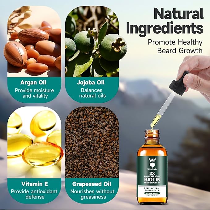 Beard Growth Oil - 2X Concentration Biotin Beard Oil for Men (2 oz) - Natural Mens Beard Oil with Argan Oil, Jojoba Oil and Vitamin, Beard Growth Softener, Moisturizer (Cedarwood)