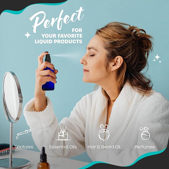 Nevlers Blue Glass Spray Bottles 4 Oz 24 Pack | Small Spray Bottles Mist Sprayer Set w/Shrink Wrap, Funnel, Brush, Marker & Labels | Dark Blue Glass Bottle for Use as Travel Size Perfume Refill Bottle