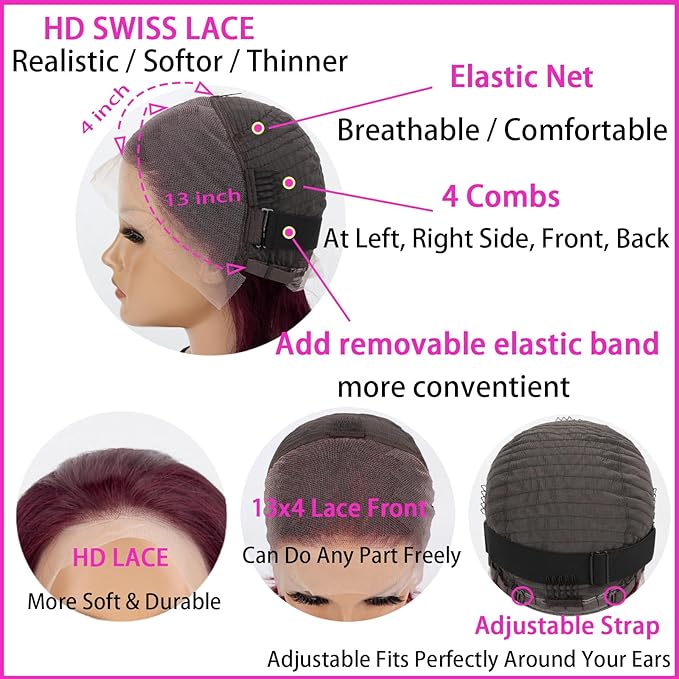 99j Bob Wig Human Hair 13x4 HD Transparent Lace Front Wigs Human Hair Pre Plucked with Baby Hair Glueless Wigs Human Hair 180% Density Straight Frontal Lace Wig Burgundy Short Bob 8 inch