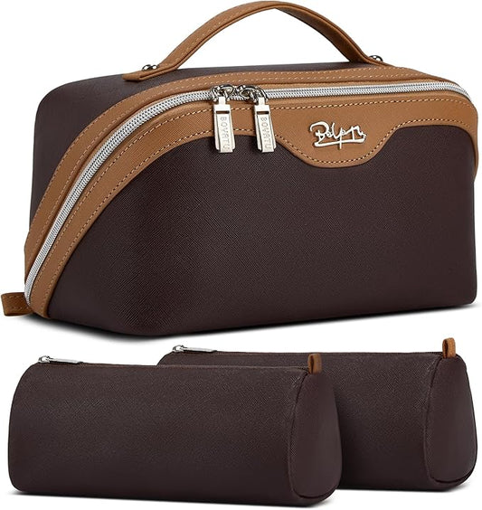 BOYATU Travel Makeup Bag Set: Portable Make up Bag for Traveling - Leather Cosmetic Bags for Women - Waterproof Toiletry Organizer Bags with Handle (D-01-Brown)