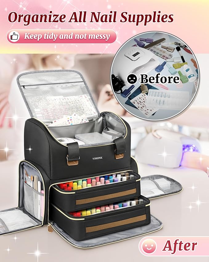 YOREPEK Extra Large Nail Polish Organizer Case Backpack Holds 96 to 100+ Bottles(15ml/0.5 fl.oz) UV Nail Lamp,Nail Organizers and Storage with 2 Removable Pouches Fits Nail Stuff,Gift for Manicurist