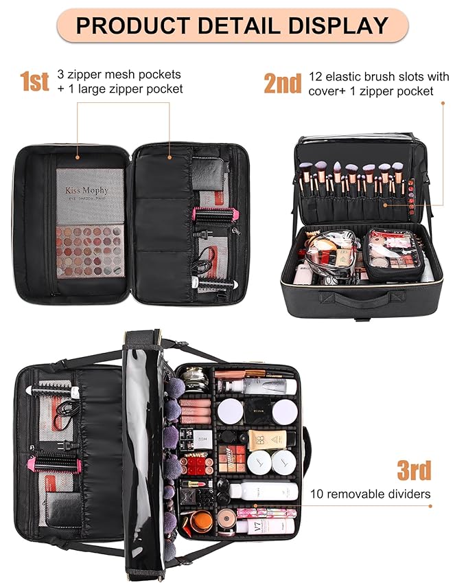 Relavel Makeup Bag, Extra Large Makeup Case, Cosmetic Storage Organizer Box Brush Holder with 4 Clear Set Bags and Adjustable Dividers and Shoulder Strap for Professional Make Up Artists