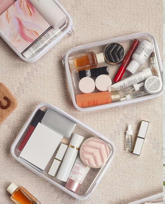 3PCS Clear Hard Shell Zipper Case,Portable Cosmetic Bag with Zipper,Kid's Toy Storage Organizer Bins,Hard Plastic Case,Clear Bags for Organizing