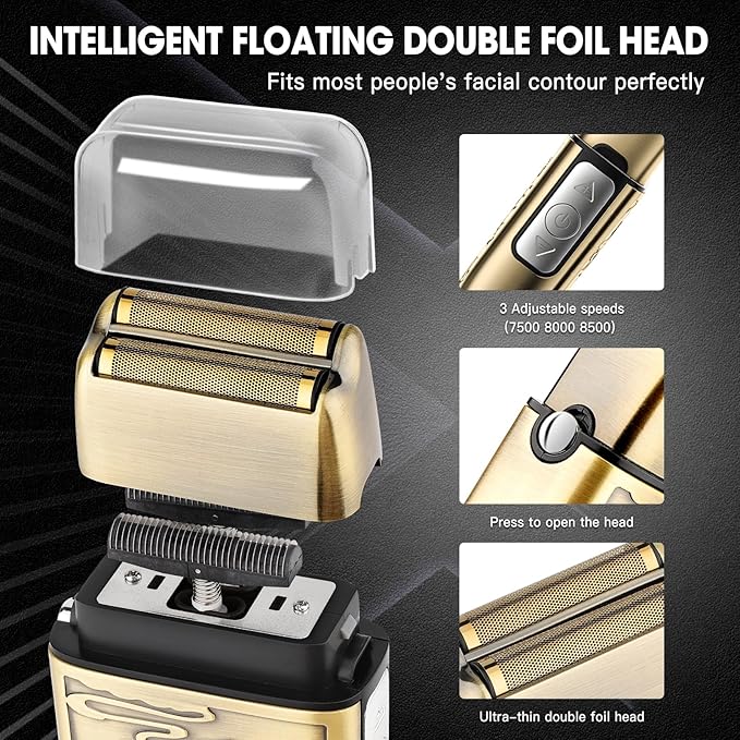 Electric Shavers for Men,3-Speeds Electric Razor,Head Shavers for Bald Men,Double Foil Beard Trimmer,Barber Supplies Waterproof Shaver, Gifts (Bronze-1)