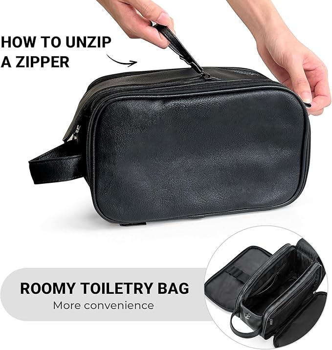 Elviros Toiletry Bag for Men, Large Travel Shaving Dopp Kit Water-resistant Bathroom Toiletries Organizer PU Leather Cosmetic Bags (Medium, Black)