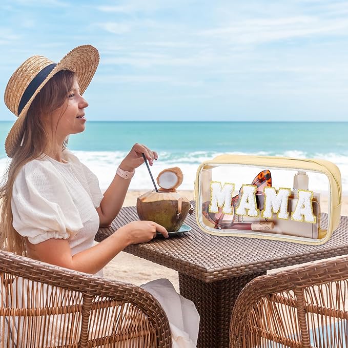 4 Pcs Mama and Baby Toiletry Bag Clear Chenille Letter Pouch Snacks Makeup Stuff Travel Diaper Bag Preppy Transparent Pouch with Zipper for Women Gift(Macarons Color)