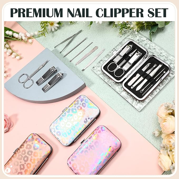 30 Sets Bulk Gifts for Women Manicure Set Bulk Professional Nail Care Kit Nail Clippers Kit 8 in 1 Stainless Steel Pedicure Set with Travel Case for Women Men(Laser Leopard Print)
