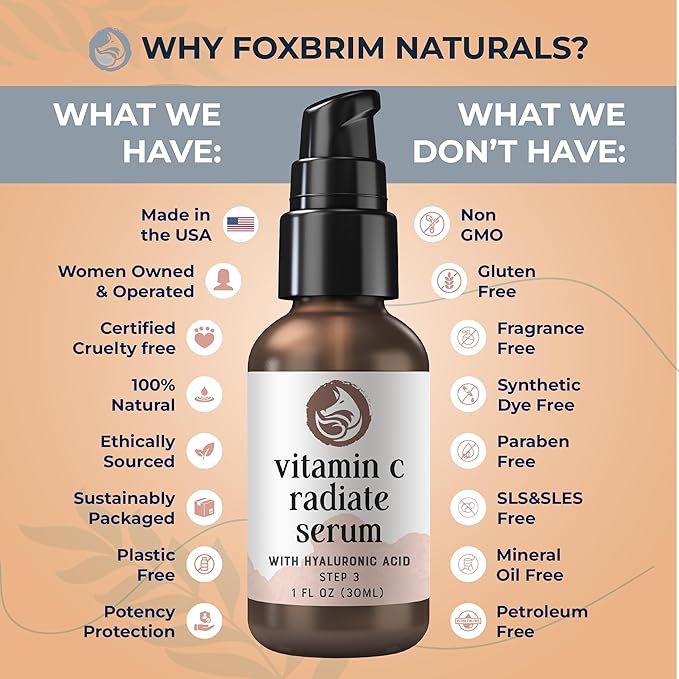 Foxbrim Naturals Vitamin C Face Serum 1oz – Stable Formula with Botanical Hyaluronic & Organic Jojoba for Dark Spots, Radiance, Hydration & Even Tone – Vegan Clean Beauty for Sensitive Skin, USA-Made