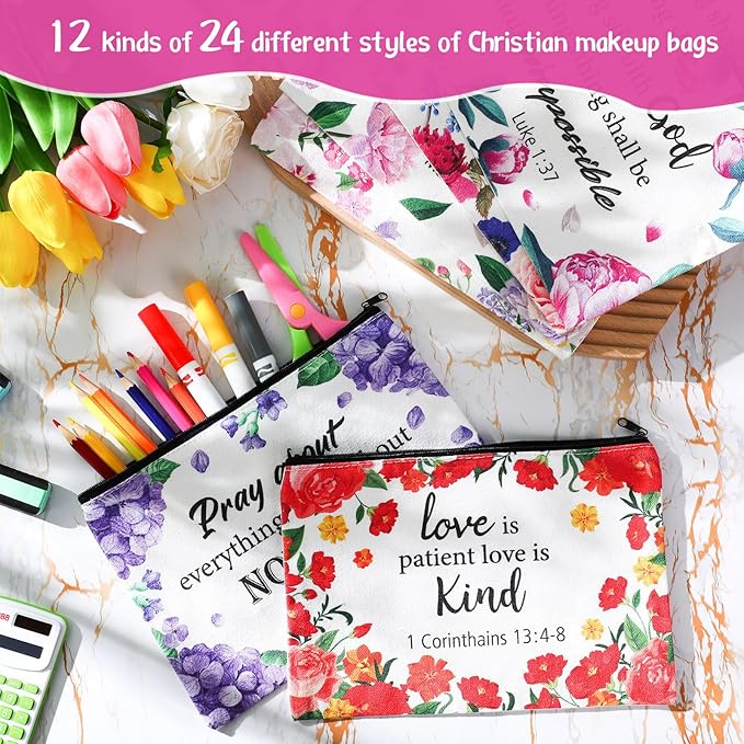 24 Pcs Christian Makeup Bag Bible Cosmetic Bags Inspirational Bible Verse Toiletry Pouches Canvas Motivational Pouches with Zipper for Women Organize Cosmetics Toiletries Stationery(Floral)
