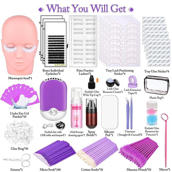 404 Pcs Professional Lash Extension Supplies Kit with Lash Clusters,Lash Fan, Extension Glue,Eyelash Remover,Tweezers, Eyelash Extension Kit for Beginners, Purple