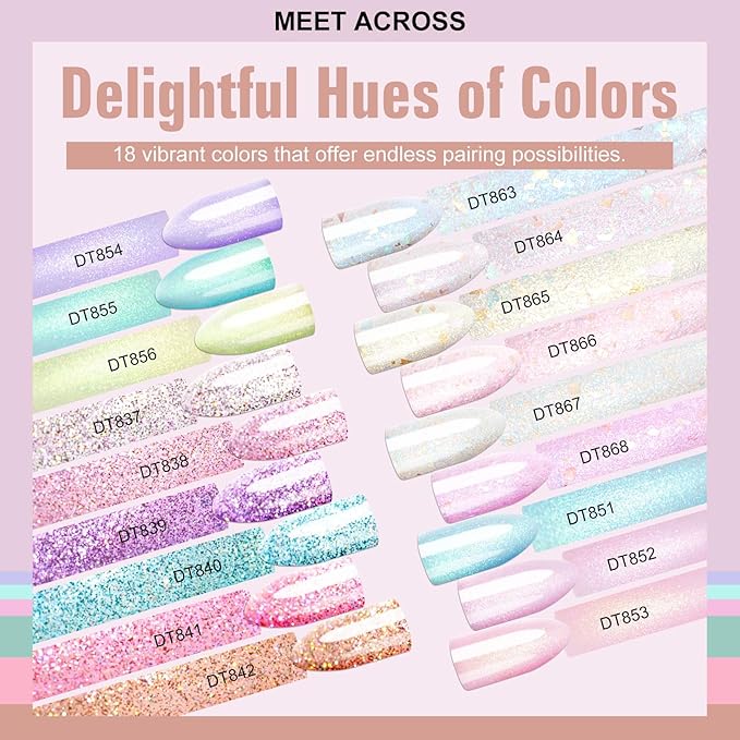 MEET ACROSS Gel Polish Nail Set 18 Colors Spring Pastel Girly Gold Foil Sparkle Glitter Gel Polish Set Dreamy Town Collection Macaroon Bright Pastel Nail Manicure Kit