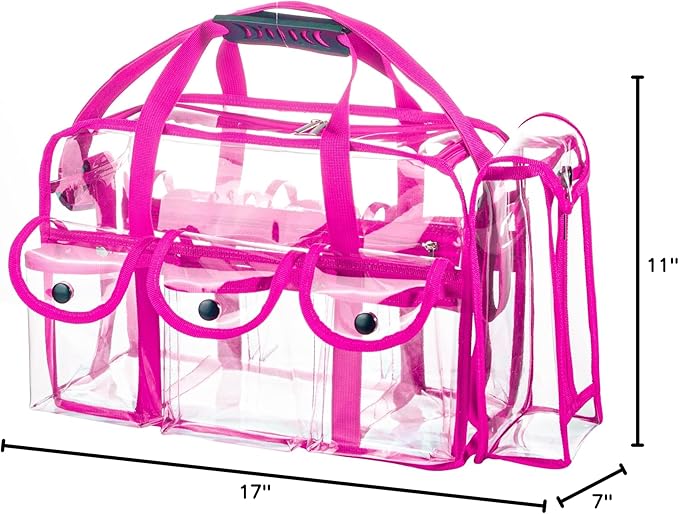 Wide Opening Large Professional Clear PVC Travel Makeup Artist Set Cosmetic Nails Beauty Bag Transparent Vinyl Tool Organizer Work Beach Diaper With 6 External Pockets & Strap (Pink)