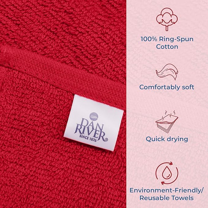 DAN RIVER 100% Cotton Washcloths 24 Pack Premium Quality Face and Body Cloth, Quick Dry Essential Towels for Bathroom, Hand, Kitchen & Cleaning, Baby Washcloths | 12X12 in | 400 GSM | Red