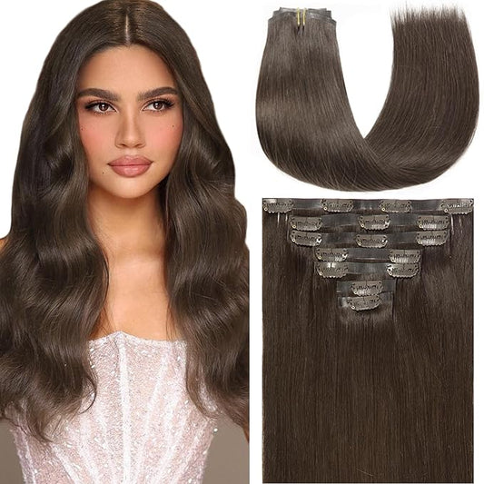 Loxxy Seamless Clip in Hair Extensions Real Human Hair With Invisible Pu Weft Light Brown Remy Hair Extensions Clip in Human Hair 14Inch 110G 7Pcs Natural Thick Straight Seamless Clip ins #2A