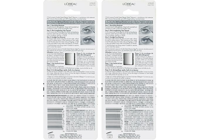 L'Oreal Paris Makeup Double Extend Tubing Mascara, Lengthening 2 Step Mascara, Smudgeproof, Blackest Black, Pack of 2