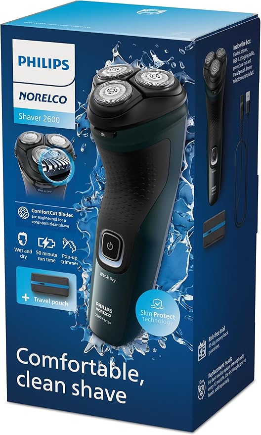 Philips Norelco Shaver 2600 Series, Wet and Dry Electric Shaver, Pop-up Trimmer, P-Cap, Travel Pouch, Dark Forest Green, Model X3052/91