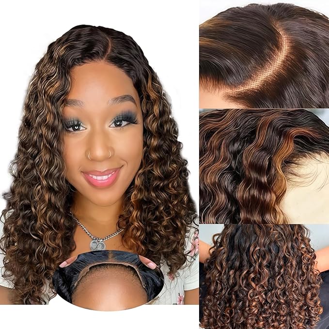 5×5 Closure Bob Wig Human Hair Glueless Wigs Human Hair Pre Plucked Pre Cut Short Curly Hair Wig Water Wave C Part Balayage Ombre Lace Frontal Wigs for Black Women P1B/30 18 Inch