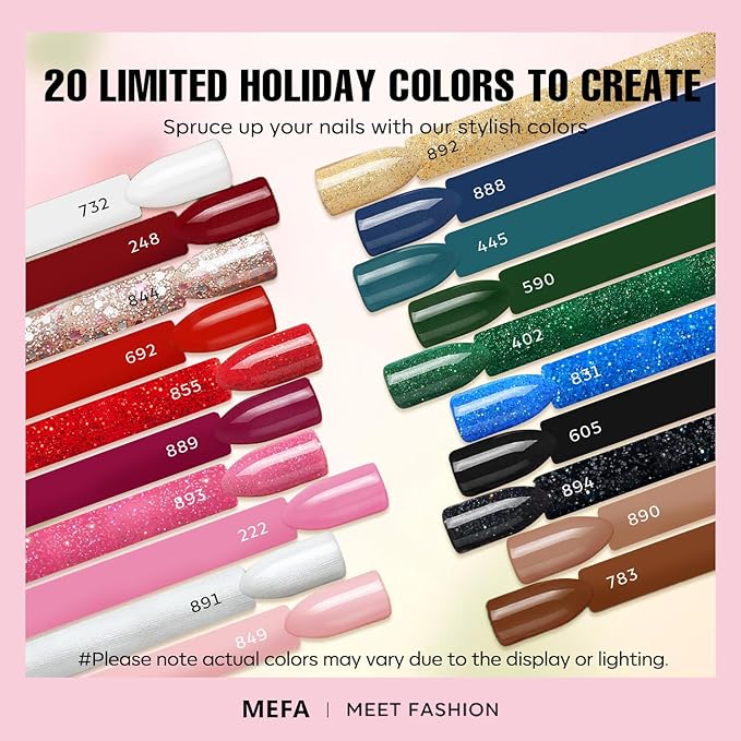 MEFA Glitter Gel Nail Polish Set, 23 Pcs Burgundy Red Green Gel Polish Set Pink Glitter Gold Nail Polish Blue Gold Sparkle Nail Polish Gel Manicure Soak Off Salon Gifts for Women