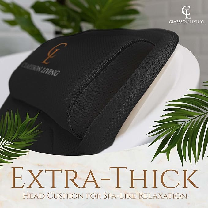 Full Body Bath Pillow (17'' x 49'') - Bathtub Cushion with Headrest Supports Neck, Back and Legs - Free Hanging Hooks for Fast Drying Over Tub - Includes Washing and Travel Bags - Black