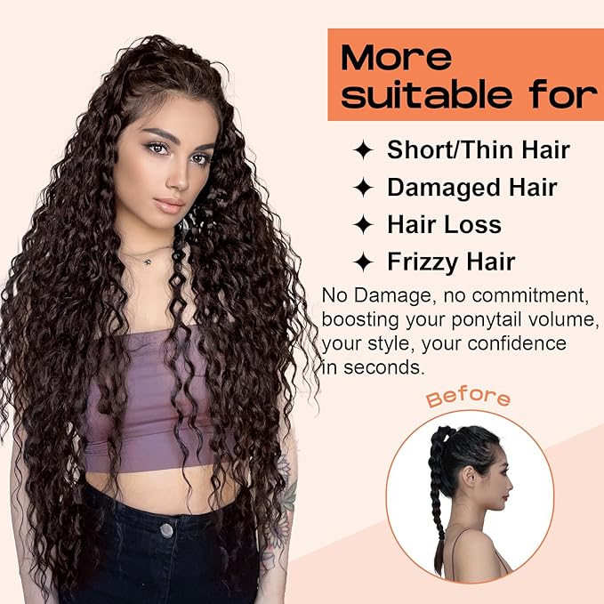 SEIKEA Ponytail Extension, 36" Long Lightweight Full Natural Curly Drawstring Ponytail Fake Pony Tail Multi Layered Soft Clip in Hair Extensions Ponytail Synthetic Hairpiece, Chocolate Brown