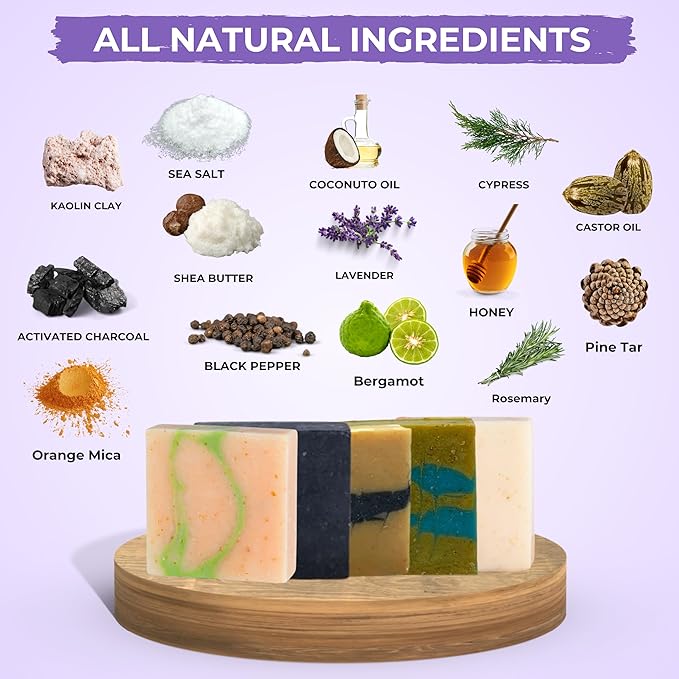 All Natural Bar Soap for Men Handmade Cold Process with Organic Ingredients and Essential Oils Mens Soap - Pine Tar, Citrus Cedarwood, Irish Mountain Rain, Good Room, Dogs Bay Beach Pack of 5