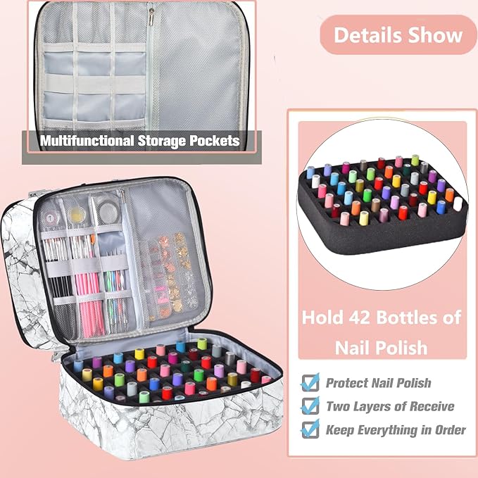 Nail Polish Organizer Case Holds 42+ Bottles(15ml/0.5 fl.oz) & Nail Lamp, Double-Layer Nail Polish Storage Organizer Case with Handle, Nail Kit Organizer and Storage Box for Nail Tech (WHITE)