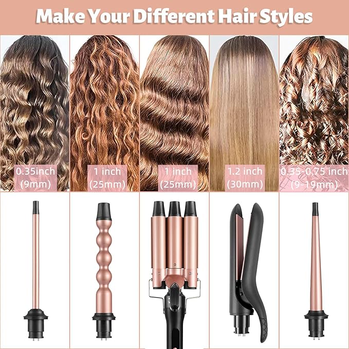 5 in 1 Hair Curling Iron Wand Set PTC Fast Heating Hair Crimper Professional Hair Styling Tools LCD Temp Control with Hair Straightener, Ceramic 3 Barrel Hair Waver Surprise Gift for Women Girl