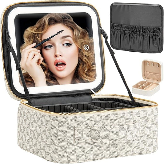 Makeup Travel Train Case with Mirror LED Light 3 Adjustable Brightness Cosmetic Bag Portable Storage Adjustable Partition Waterproof Makeup Brushes Makeup Jewelry Gift for Women