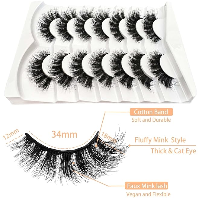 NINGLASH Lashes Strips Cat Eye Fluffy False Eyelashes 18mm Lash Pack Full Wispy Lashes 9D Volume Curly Fake Eyelash 7 Pairs Thick Faux Mink Lashes Multipack