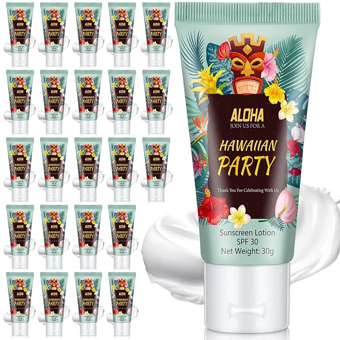 24 Pcs Mini Sunscreen Bulk for Summer Wedding Party Spf 30 Water Resistant Sunscreen Lotion Bulk 1oz Travel Size for Thank You Gifts Wedding Party Supplies(White Cream,Hawaiian Party)