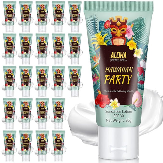 24 Pcs Mini Sunscreen Bulk for Summer Wedding Party Spf 30 Water Resistant Sunscreen Lotion Bulk 1oz Travel Size for Thank You Gifts Wedding Party Supplies(White Cream,Hawaiian Party)