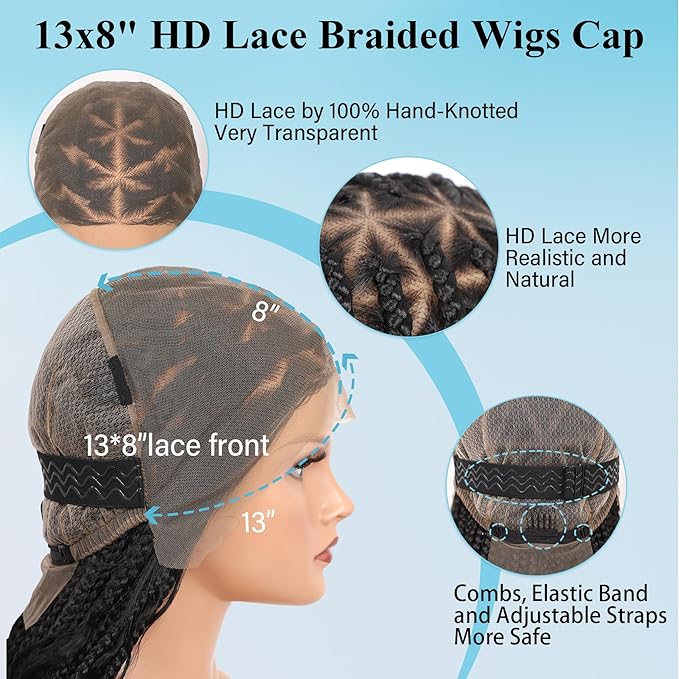 13x8'' HD Lace Front Boho Braided Wigs for Black Women Knotless Box Braid Wig Human Hair Blended Braided Lace Front Wig with Baby Hair Long Black 36 Inch