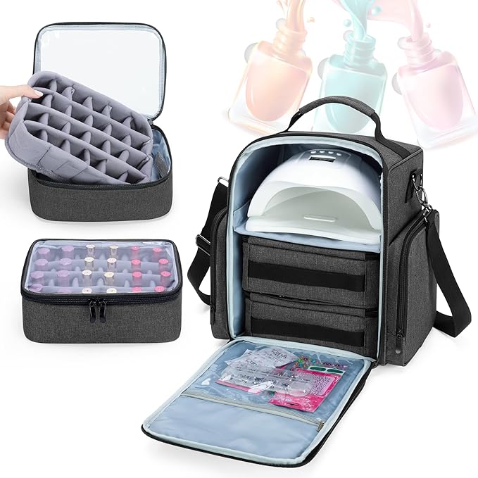 BAFASO Nail Polish Organizer Holds 48 Bottles (15ml - 0.5 fl.oz) and a Nail Lamp, Large Nail Polish Case with 2 Removable Pouches and Multiple Storage Sections (Patented Design), Black