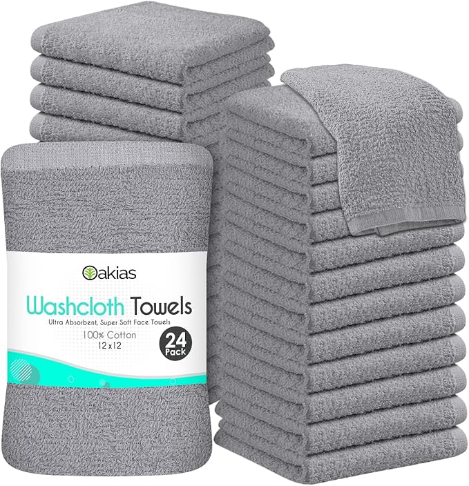 Oakias 100% Cotton Wash Cloths 24 Pack Grey - 12 x 12 Inches Ring Spun Cotton Facial Towels - Highly Absorbent Quick Dry Spa Towels - Bulk Washcloths Ideal for Scrubbing and Cleaning