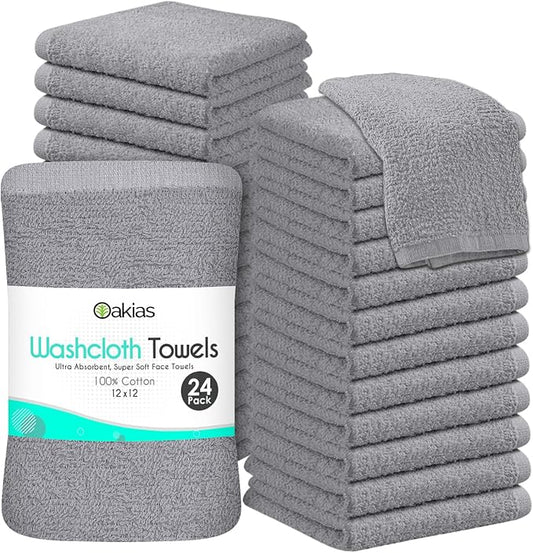 Oakias 100% Cotton Wash Cloths 24 Pack Grey - 12 x 12 Inches Ring Spun Cotton Facial Towels - Highly Absorbent Quick Dry Spa Towels - Bulk Washcloths Ideal for Scrubbing and Cleaning