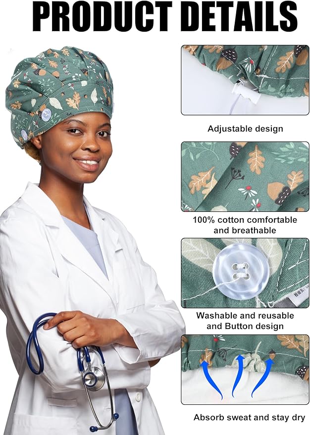 6 Pcs Satin Lined Scrub Caps Women Nurse Surgical Hat with Buttons Ponytail Working Adjustable Pouch Tie Back