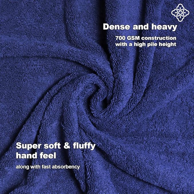 BIOWEAVES 100% Organic Cotton 6-Piece Luxury Bathroom Towels Set GOTS Certified 700 GSM, 2 Bath Towels, 2 Hand Towels & 2 Wash Cloths - Navy Blue