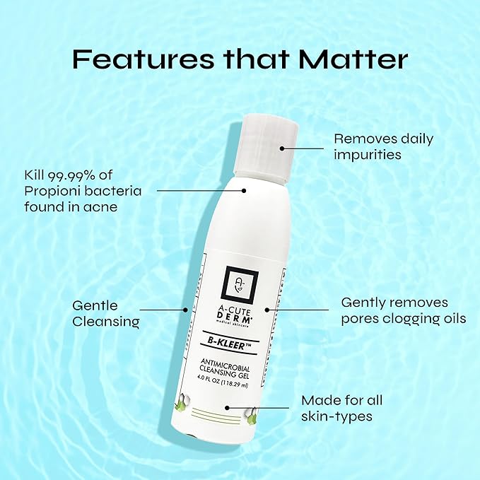 A-Cute Derm B-Kleer Cleansing Gel Acne Cleanser that Purify and Protect Your Skin from Clogged Pores for All Skin Types (4oz)
