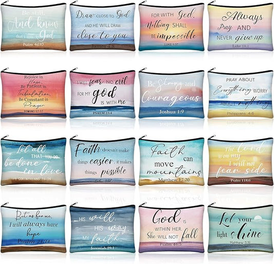 Pinkunn 16 Pcs Canvas Cosmetic Bag Bulk Inspirational Quotes Makeup Bags with Zipper Encouragement Travel Toiletry Pouch Appreciation Gift for Christmas Teacher Birthday Graduation(Bible Landscape)