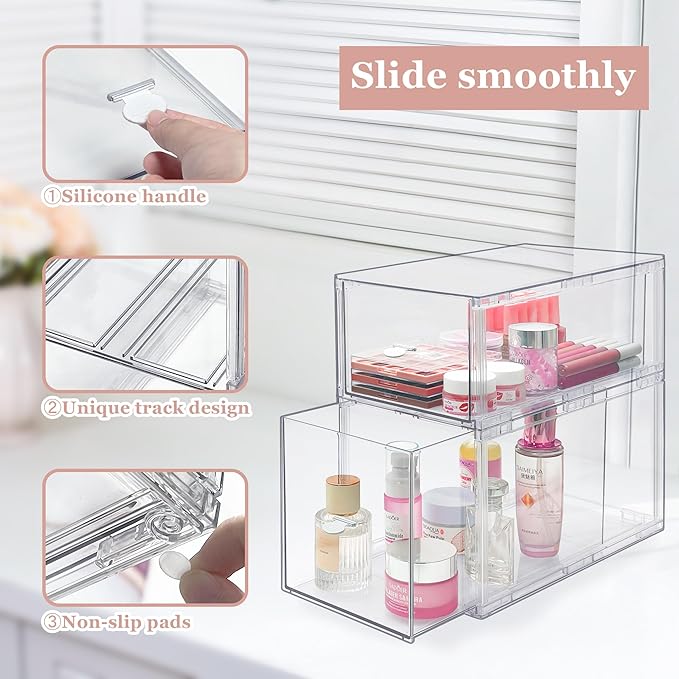 Homecor Clear Makeup Organizer Set of 2, Large Bathroom Storage Drawers, Cosmetic Storage for Vanity Dresser Countertop, Beauty Holder for Lipstick Brush Skincare Valentine's Day Gifts for Her(L+M)