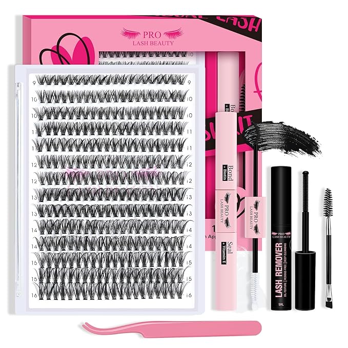 DIY Lash Extension Kit 280pcs Lash Clusters D Curl Eyelash Extension Kit Individual Lashes with Lash Bond and Seal Lash Remover Lash Applicator Easy to Apply at Home(40D-9-16mix Kit)