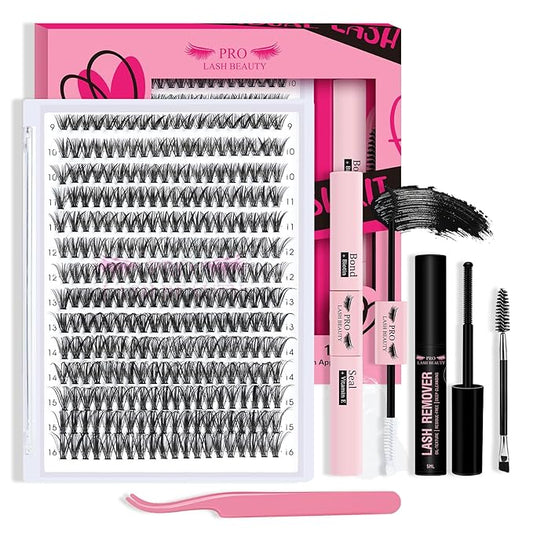 DIY Lash Extension Kit 280pcs Lash Clusters D Curl Eyelash Extension Kit Individual Lashes with Lash Bond and Seal Lash Remover Lash Applicator Easy to Apply at Home(40D-9-16mix Kit)