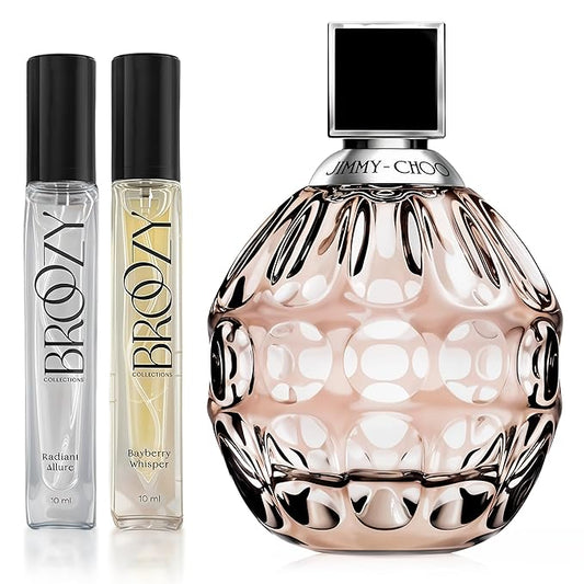 Broozy Collections - Perfume Set for Women | Bundle of 1 Designer Fragrance Jimmy-Choo Eau de Parfum (100ml/3.4oz) and 2 Broozy Mini Scent Samples for Women (10ml each) | Luxury Perfume Gift Set