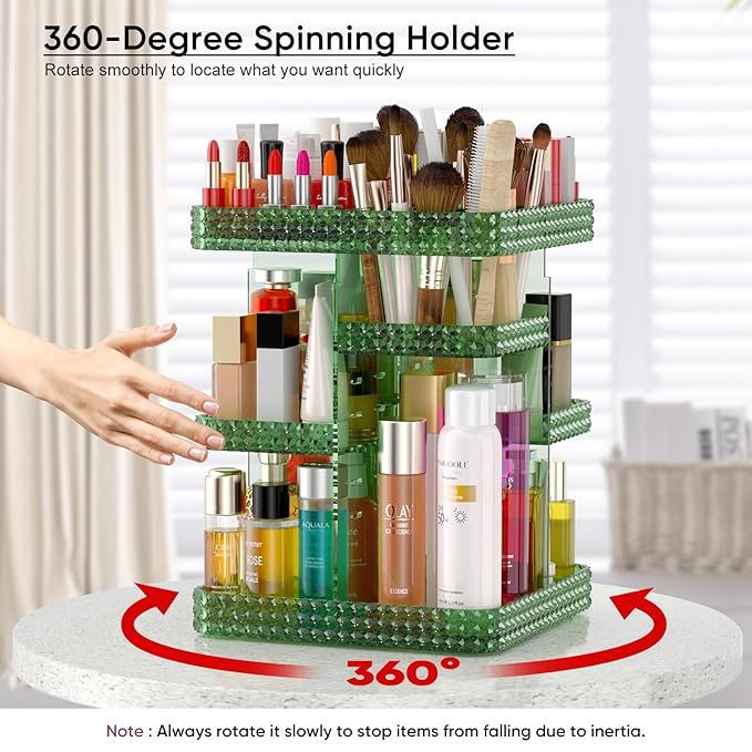 360 Rotating Makeup Organizer, Acrylic DIY Adjustable Bathroom Makeup Carousel Spinning Holder Rack, Large Capacity Cosmetics Storage Box Vanity Countertop, Skin-care Organizers (Green)